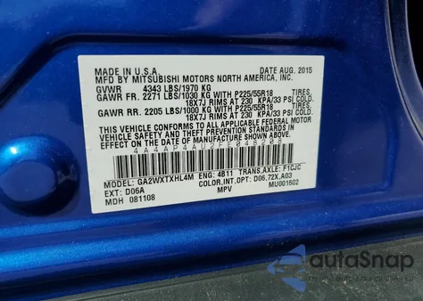 2015 Mitsubishi Outlander Sport Se из США, поврежденный, VIN 4A4AP4AU2FE048208